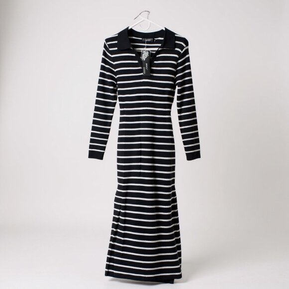 Long Sleeve Bodycon Maxi Sweater Dress Small White Black Stripe V Neck Ribbed - Picture 1 of 7